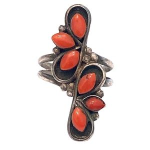 Native American long full finger Ring Coral Sterling Silver